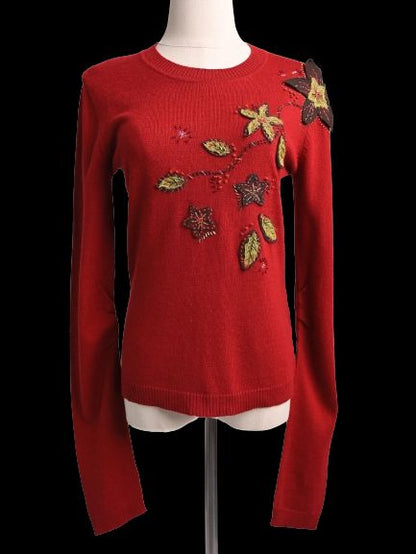 Excellent Kenzo Red Wool Sweater with Floral Embroidery Size M