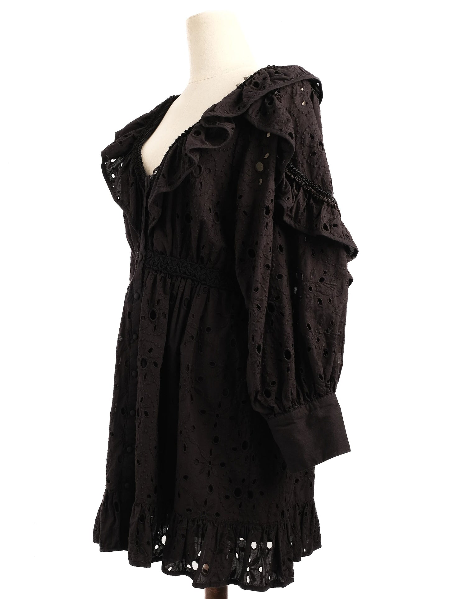excellent uterque black cotton dress m with ruffle & embroidery details