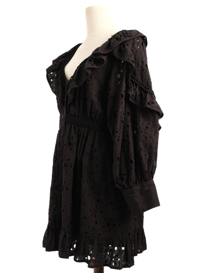 Excellent Uterque Black Cotton Dress M with Ruffle & Embroidery Details