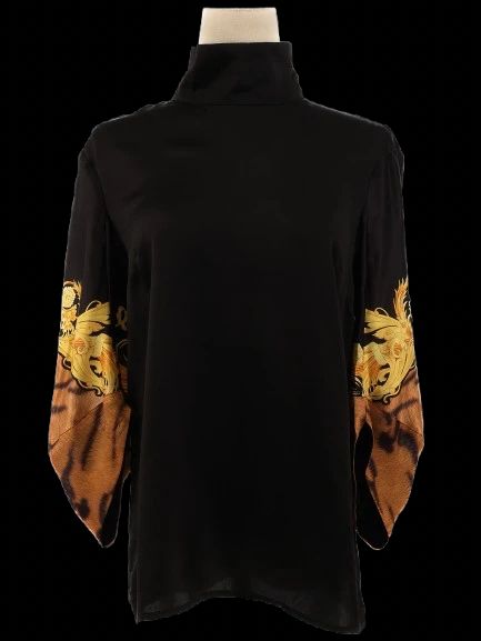 excellent class roberto cavalli black silk shirt size l with gold patterns