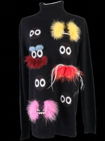Fendi Black Wool Turtleneck Sweater M with Colorful Patches