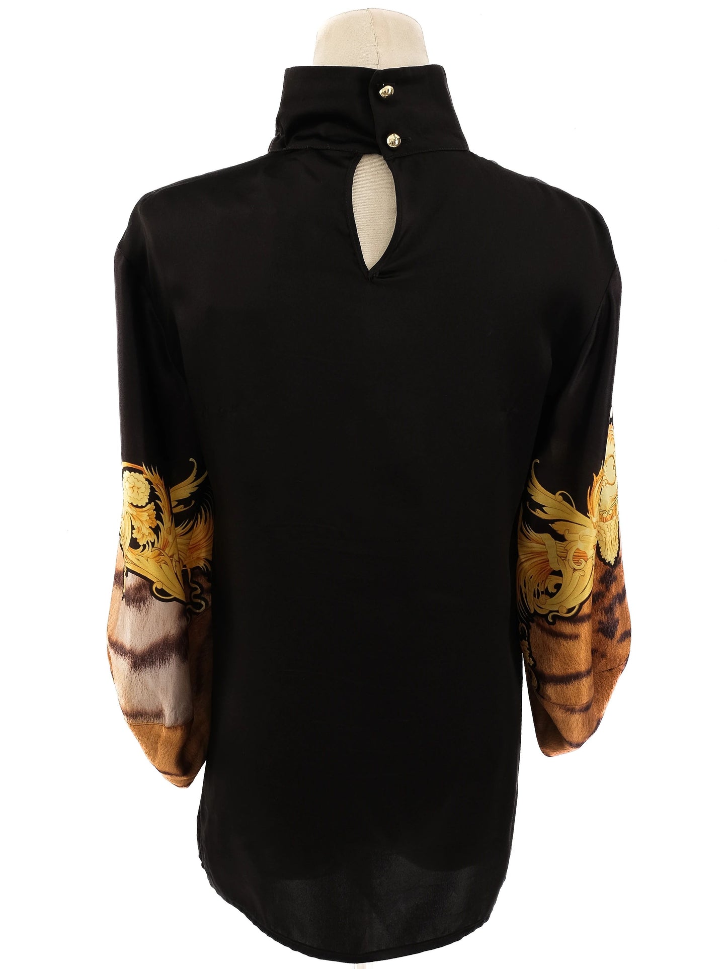 excellent class roberto cavalli black silk shirt size l with gold patterns
