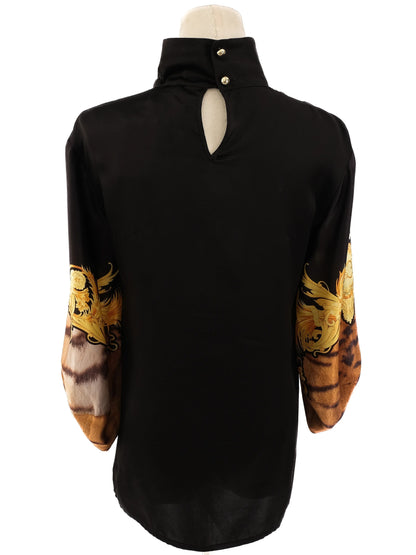 Excellent Class Roberto Cavalli Black Silk Shirt Size L with Gold Patterns