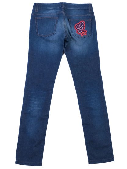 Excellent Gucci Blue Denim Jeans Size S with Embroidered Design