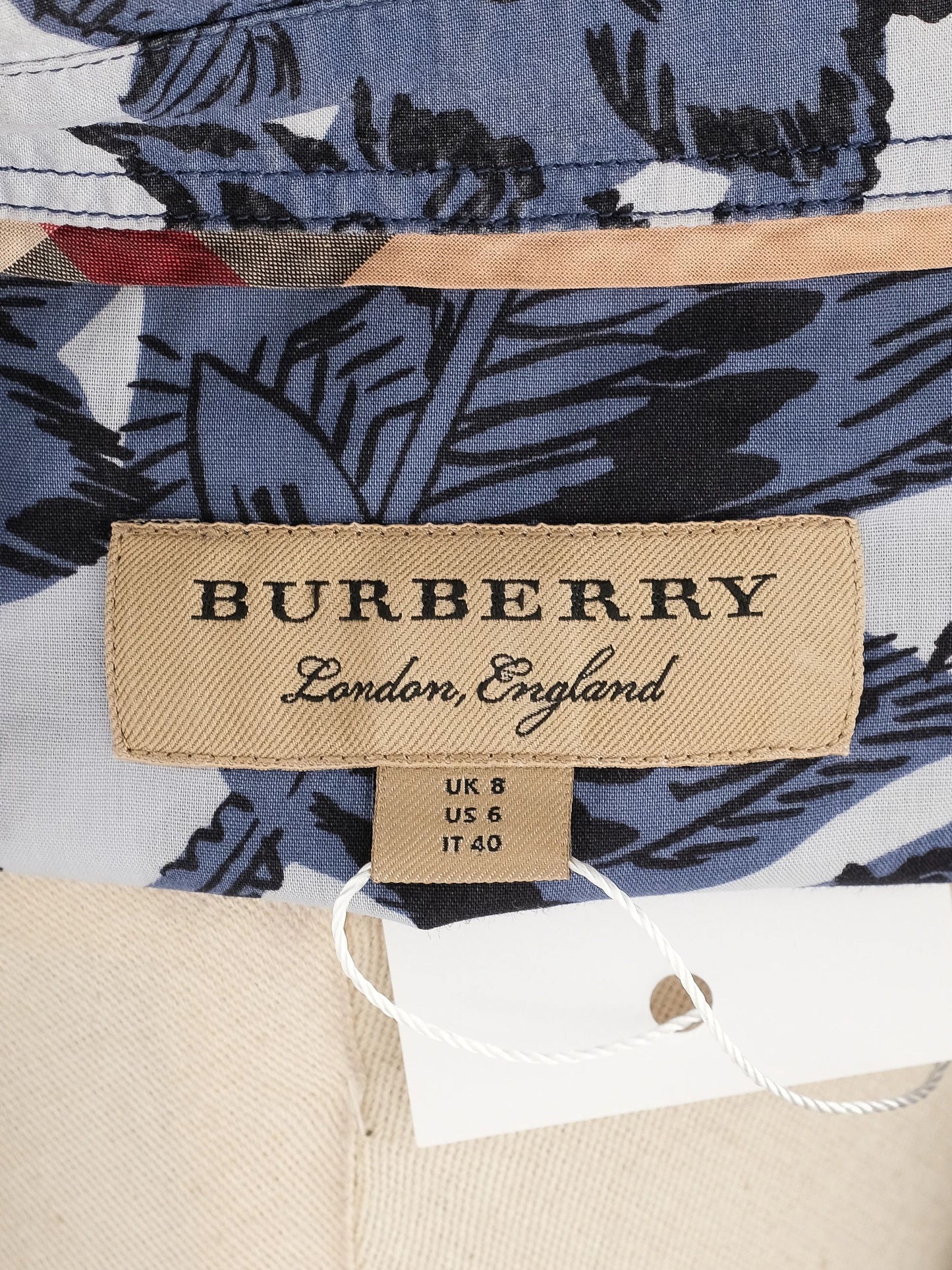 burberry blue floral animal print button-up shirt women size m