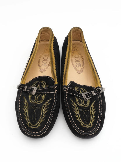Excellent Tod's Black Leather Moccasins Size 39 with Yellow Detailing