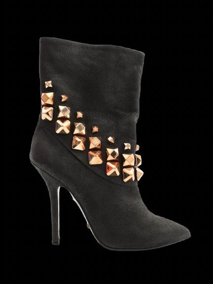 Excellent Greymer Black Leather High-Heeled Boots Size 37 with Gold Studs
