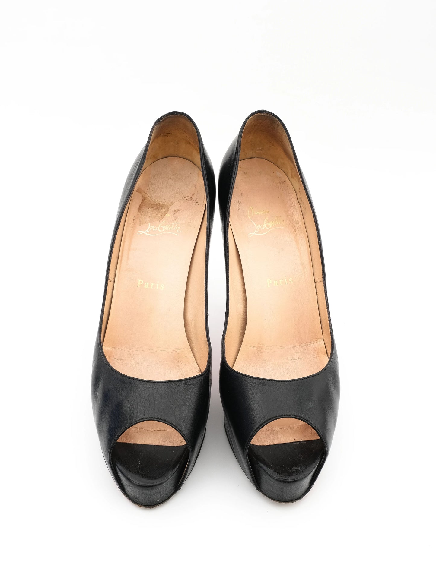 excellent christian louboutin black leather peep-toe pumps size 40