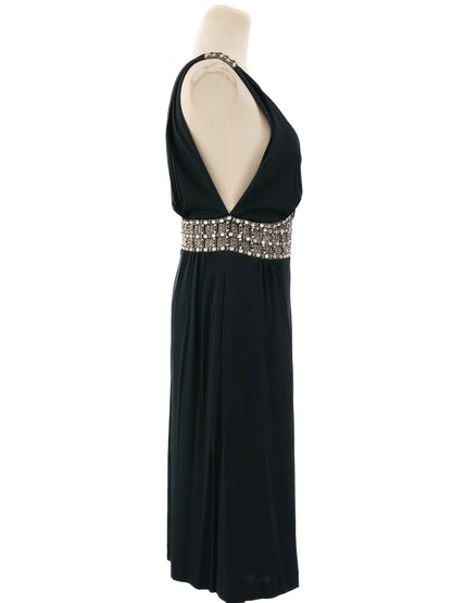 Azzaro Green Silk Sleeveless Dress Size L with Beaded Waistband