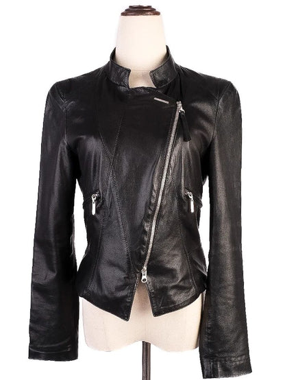 Excellent Escada Black Leather Jacket XXS with Mesh Back