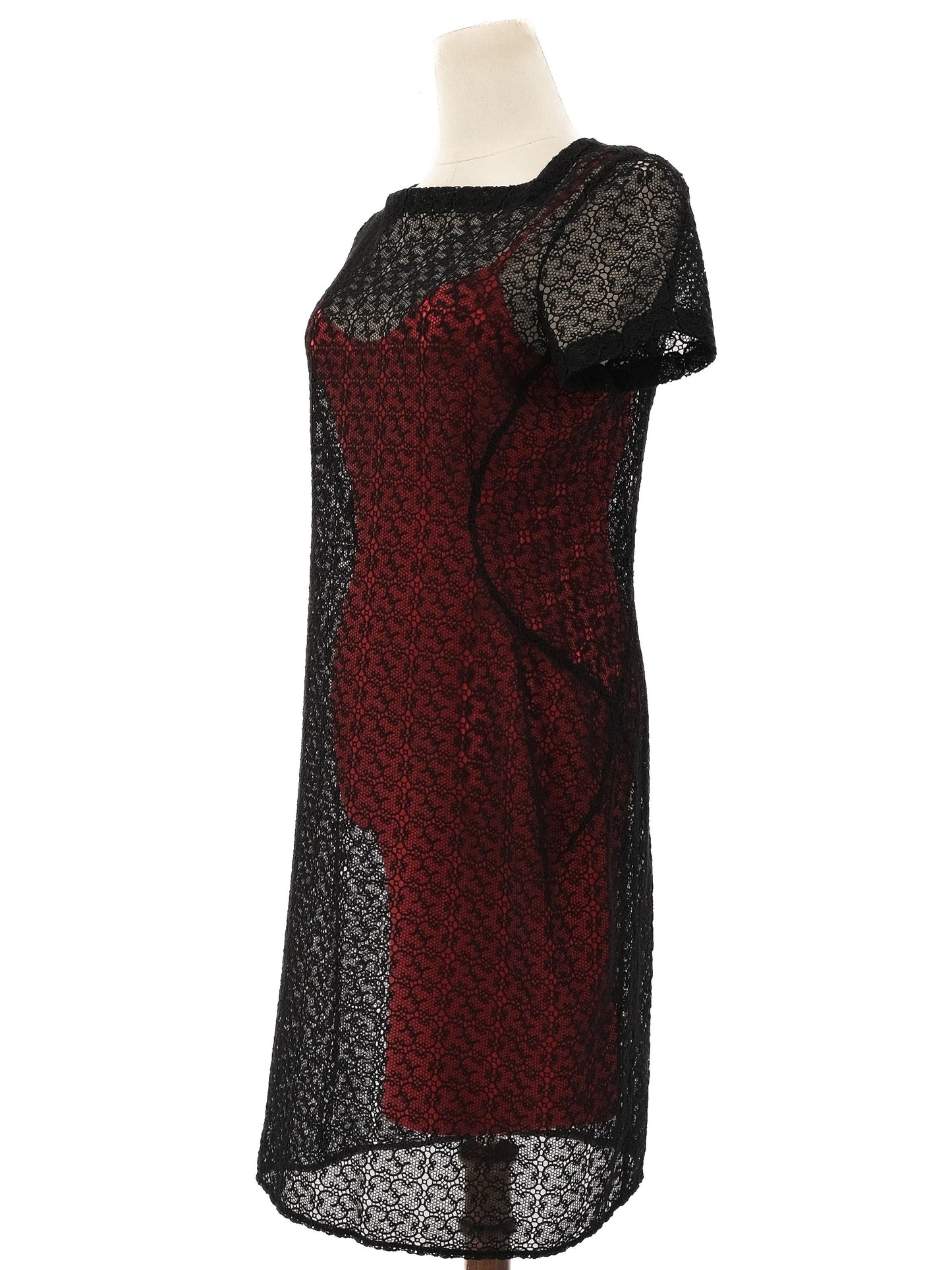 perfect alaia black lace overlay sheath dress xl with red lining