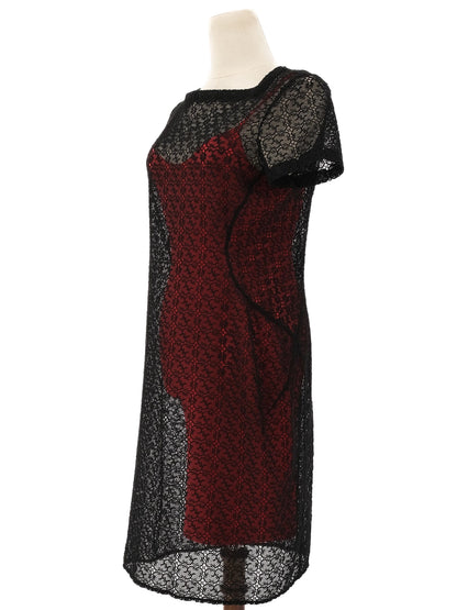 Perfect Alaia Black Lace Overlay Sheath Dress XL with Red Lining