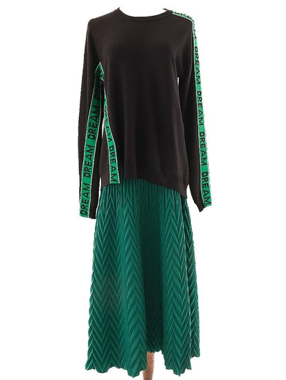 Excellent Maje Black Wool Sweater & Green Pleated Skirt Set for Women