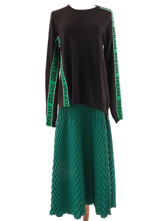 Excellent Maje Black Wool Sweater & Green Pleated Skirt Set for Women
