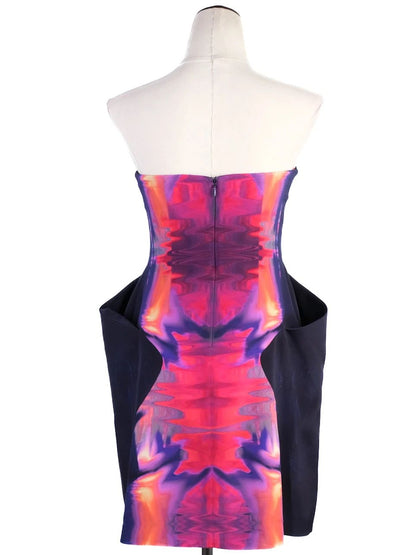 Excellent Alexander McQueen Strapless Dress Large Silk Abstract Print