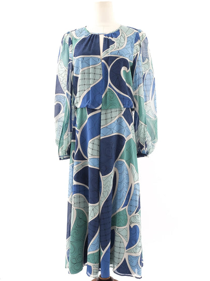 Excellent Marella Long-Sleeved Dress Blue Green Abstract Size L