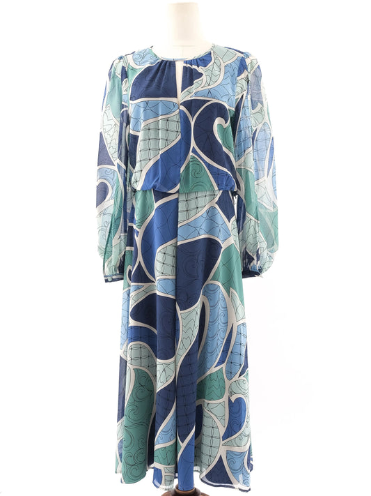 Excellent Marella Long-Sleeved Dress Blue Green Abstract Size L