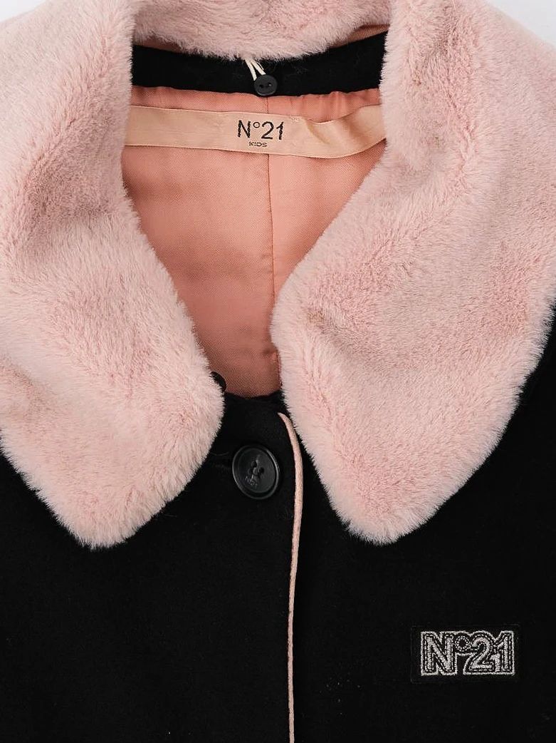 excellent n21 black wool coat with pink faux fur collar, size xl