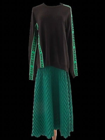 Excellent Maje Black Wool Sweater & Green Pleated Skirt Set for Women