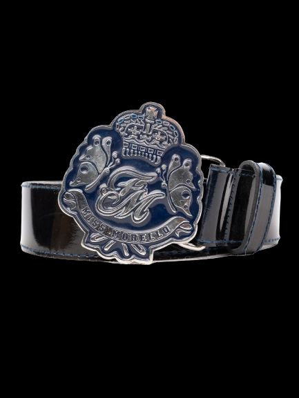 frankie morello black leather belt with ornate metal buckle