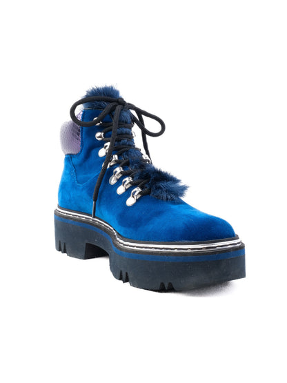 Perfect Pollini Blue Velvet Boots with Fur Trim Size 37