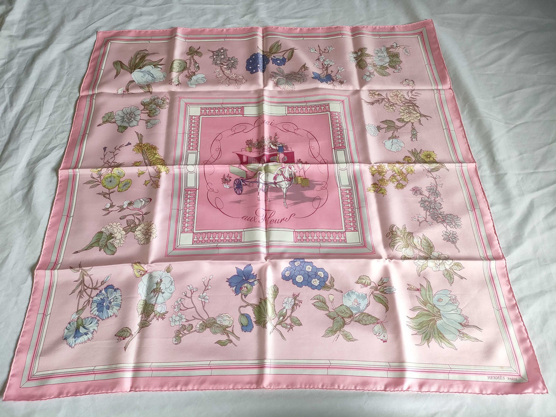 Hermes Carr 90 Quai Aux Fleurs Flowering Coastal Avenue Scarf Pink Silk