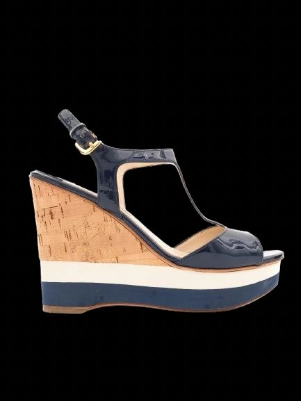 excellent prada blue leather wedge sandals size 38 with ankle strap