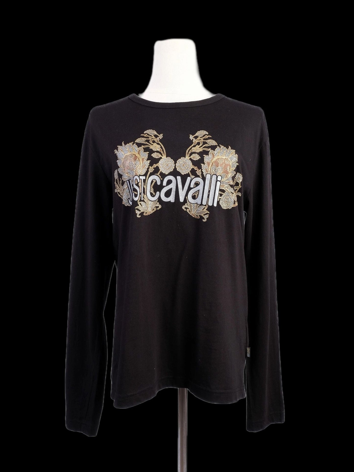new just cavalli black long sleeve shirt with floral embroidery size l