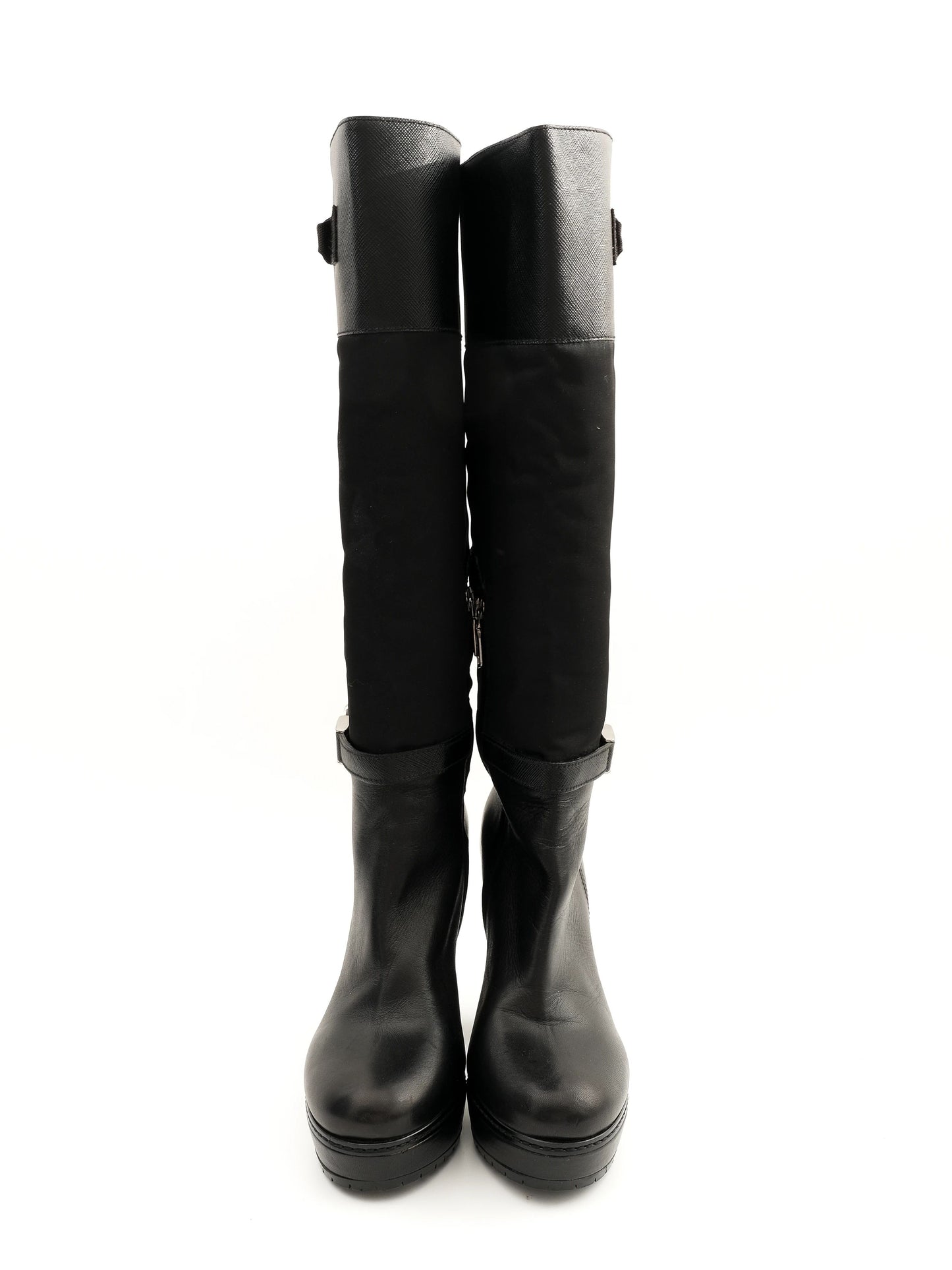 excellent prada black leather heeled knee-high boots size 35.5