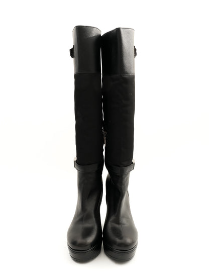 Excellent Prada Black Leather Heeled Knee-High Boots Size 35.5