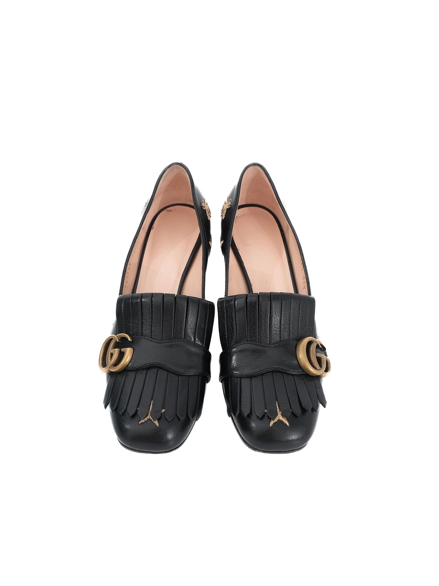 gucci black leather block-heeled loafers with embroidered details size 36.5