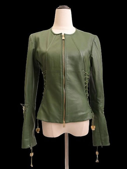 Excellent Versace Green Leather Jacket Women Size M