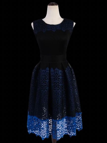 new maje blue lace dress xs sleeveless fitted flared skirt