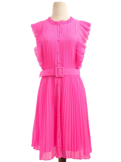Excellent Self-Portrait Pink Pleated Dress with Ruffled Sleeves