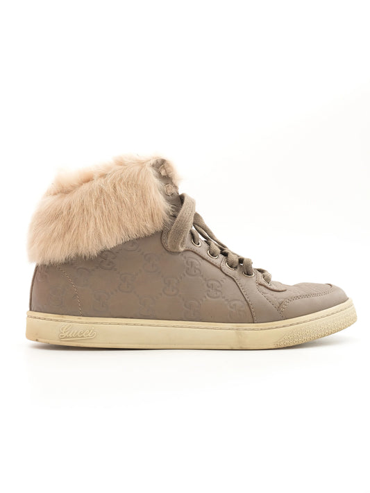 Excellent Gucci Gray Leather High-Top Sneakers with Fur Lining, Size 37
