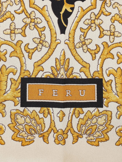 Excellent Feru Silk Scarf Combined Color Gold Black Decorated Elephants