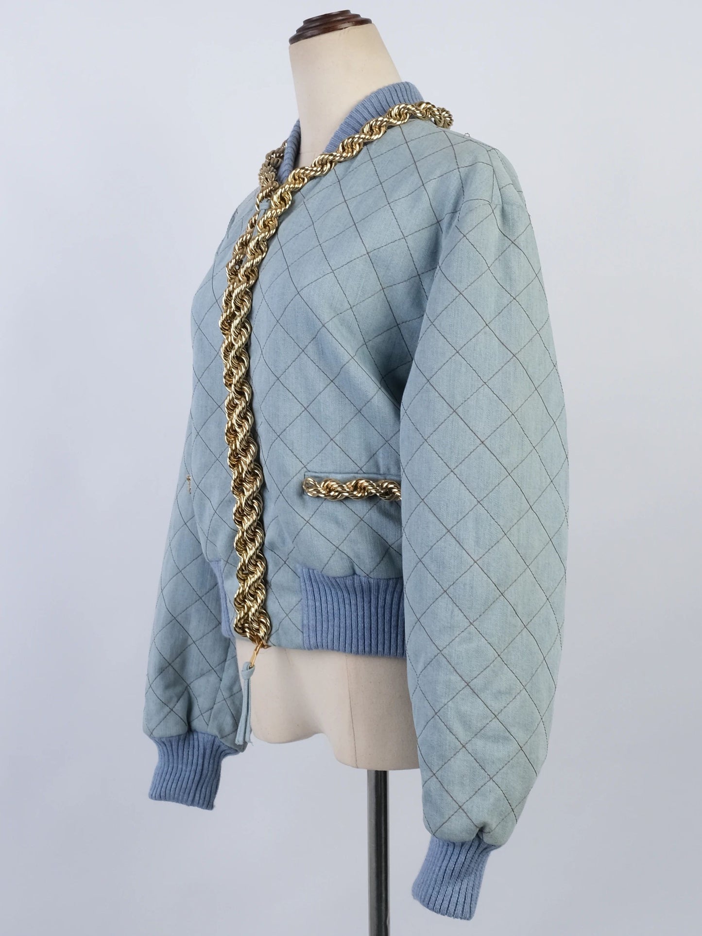 excellent moschino blue quilted denim jacket & skirt set