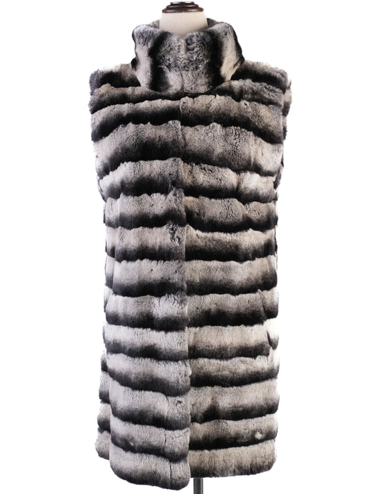 Excellent Shaky Fur Vest Black Gray Striped Pattern Size XS