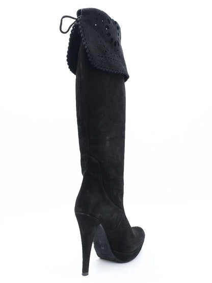 Albano Black Leather Knee-High Stiletto Boots Size 38 Excellent
