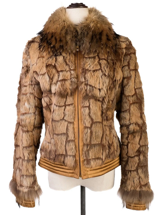 Excellent Gizia Orange Fur Jacket XS with Floral Embroidery