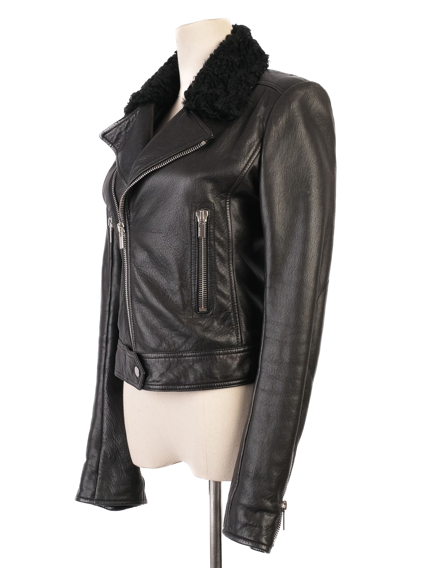 excellent balenciaga black leather jacket with shearling collar, size s