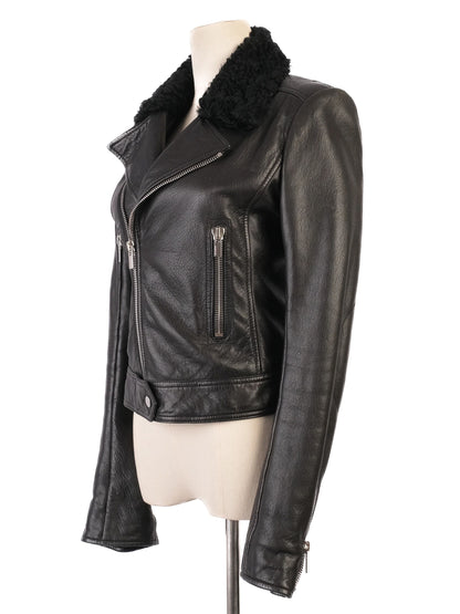 Excellent Balenciaga Black Leather Jacket with Shearling Collar, Size S