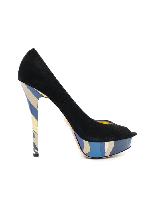 Emilio Pucci Black Genuine Suede High-Heeled Shoes Size 36