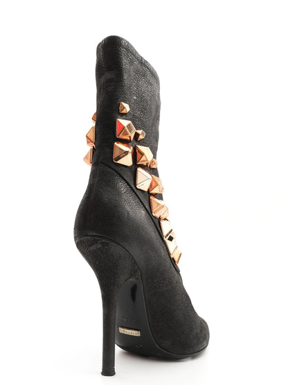 Excellent Greymer Black Leather High-Heeled Boots Size 37 with Gold Studs