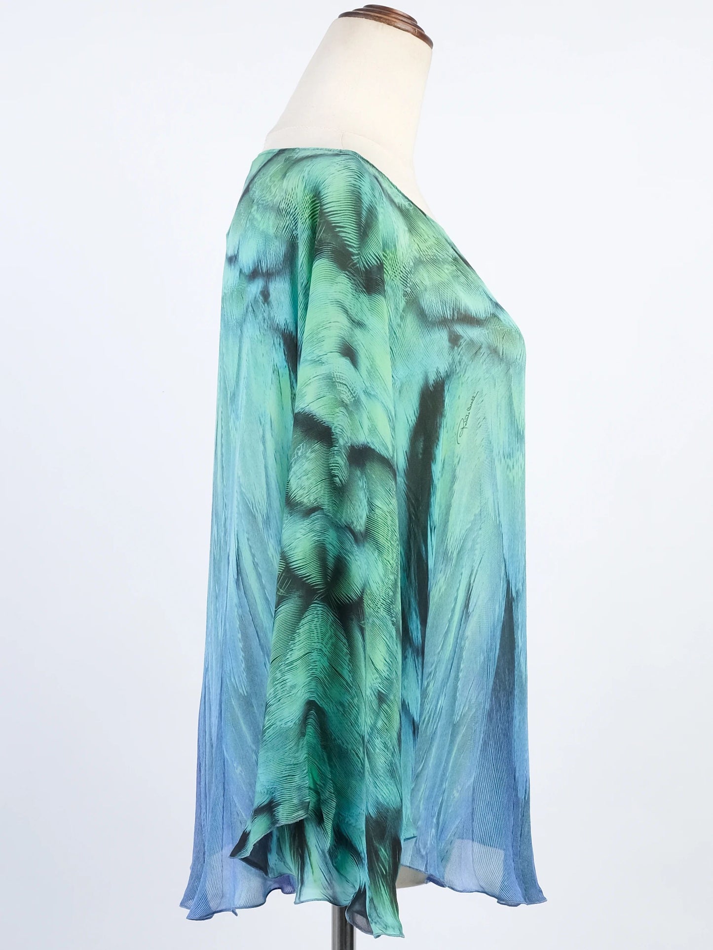 excellent roberto cavalli green silk blouse with feather pattern size l