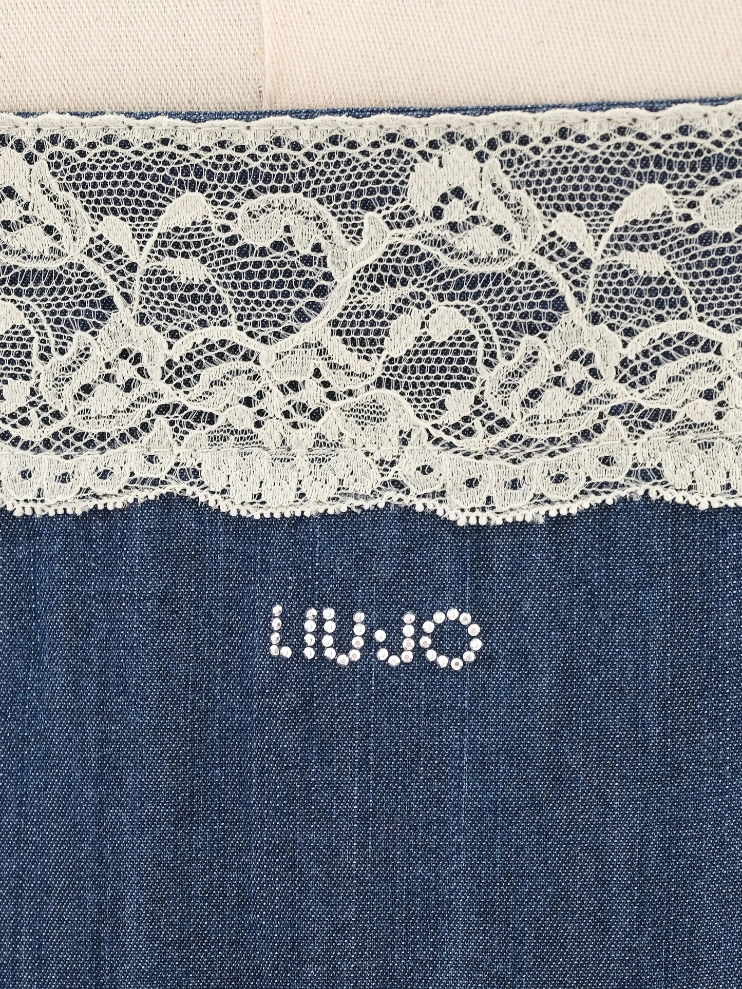 liu jo blue denim dress size s spaghetti straps lace details