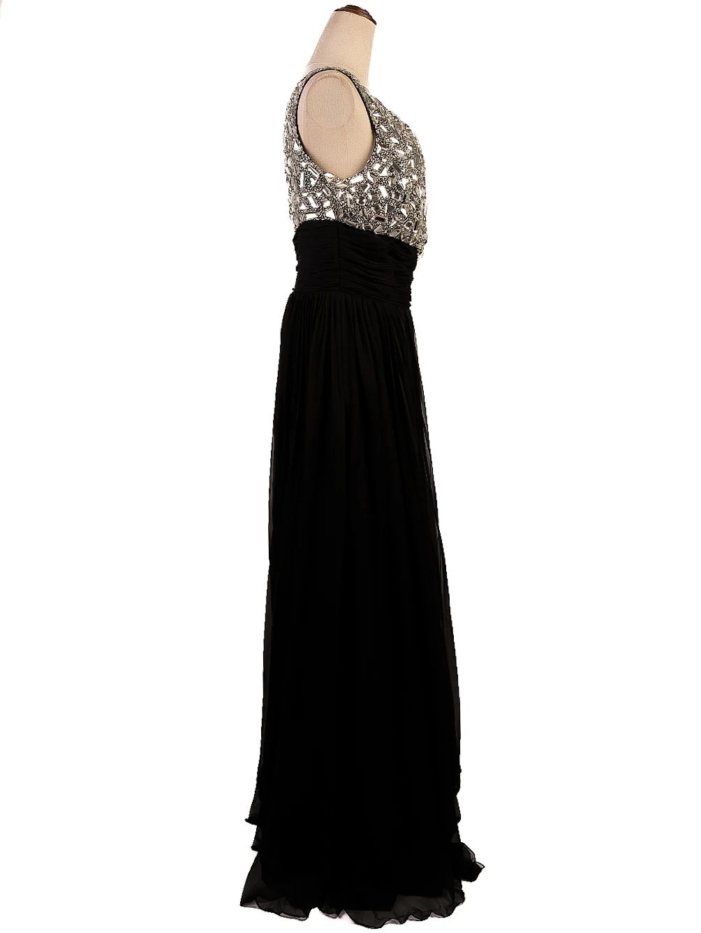perfect sherri hill black one-shoulder evening gown with silver embellishments
