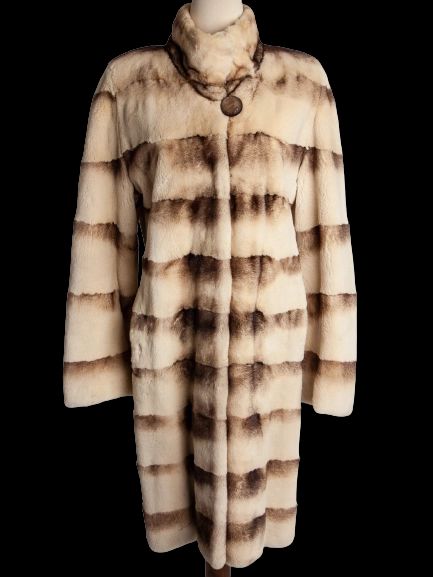 excellent scandinavia white fur coat with horizontal brown stripes