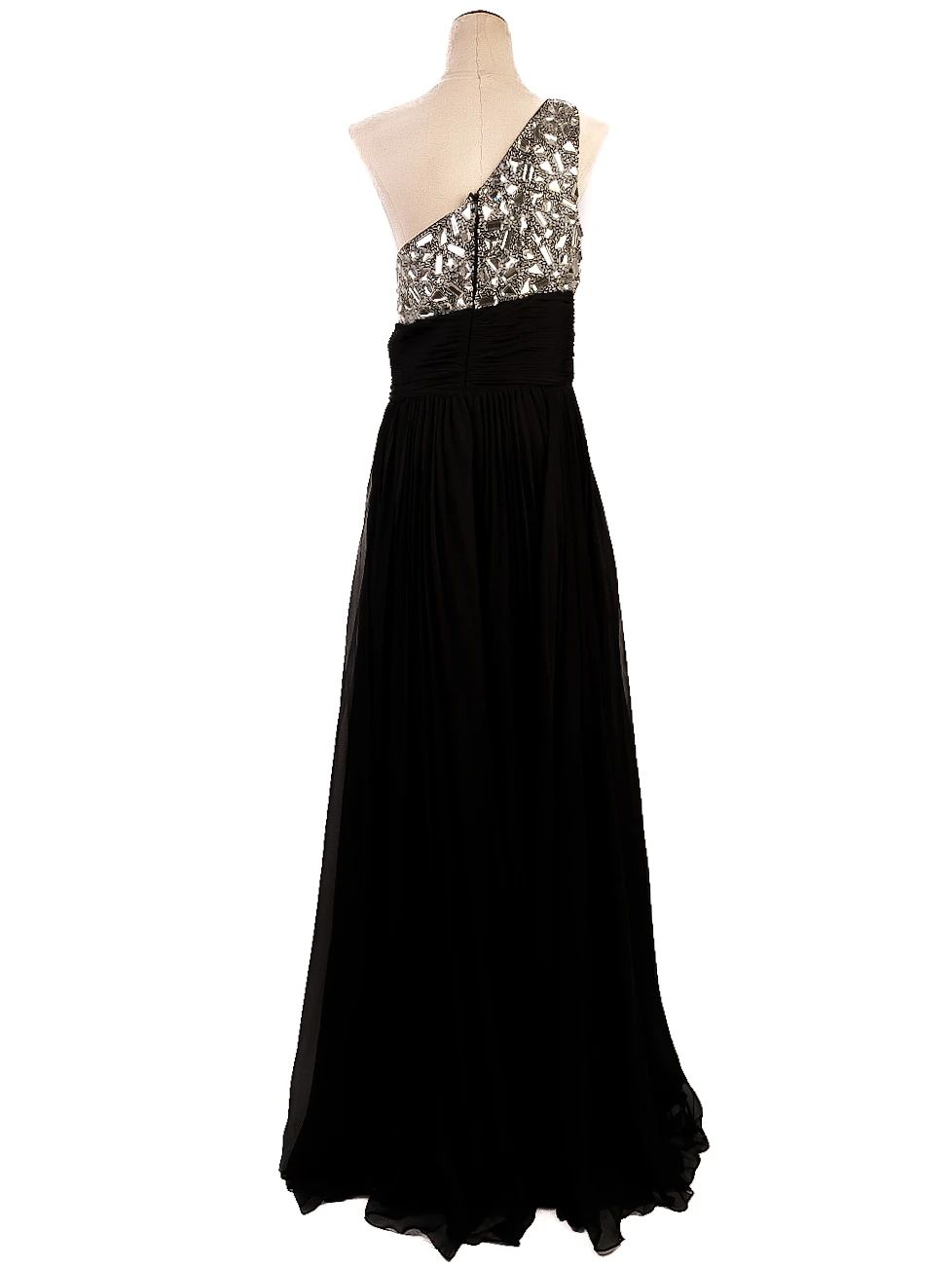 perfect sherri hill black one-shoulder evening gown with silver embellishments