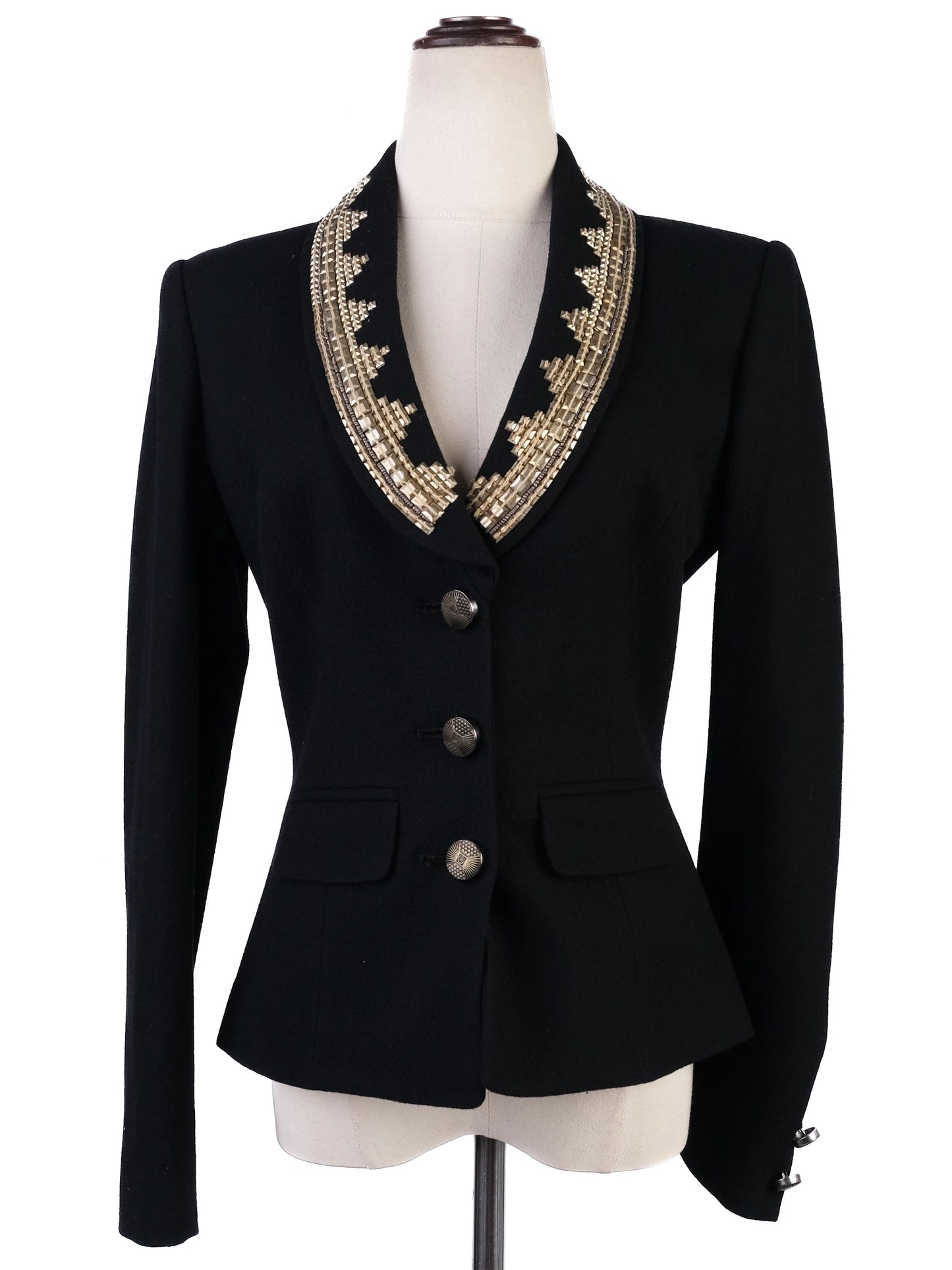 excellent class roberto cavalli black wool skirt suit with beaded collar